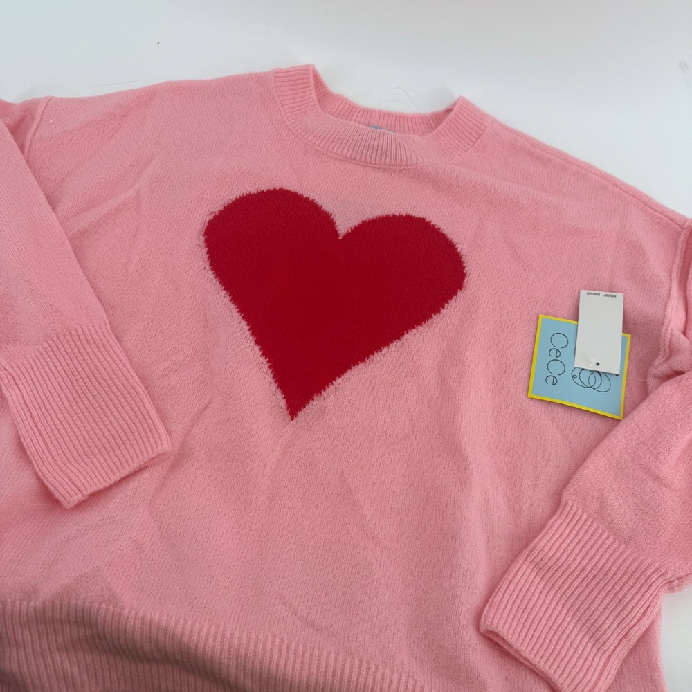 CeCe Pink Heart Intarsia Crew Neck Sweater Long Sleeve Ribbed Knit XS NEW